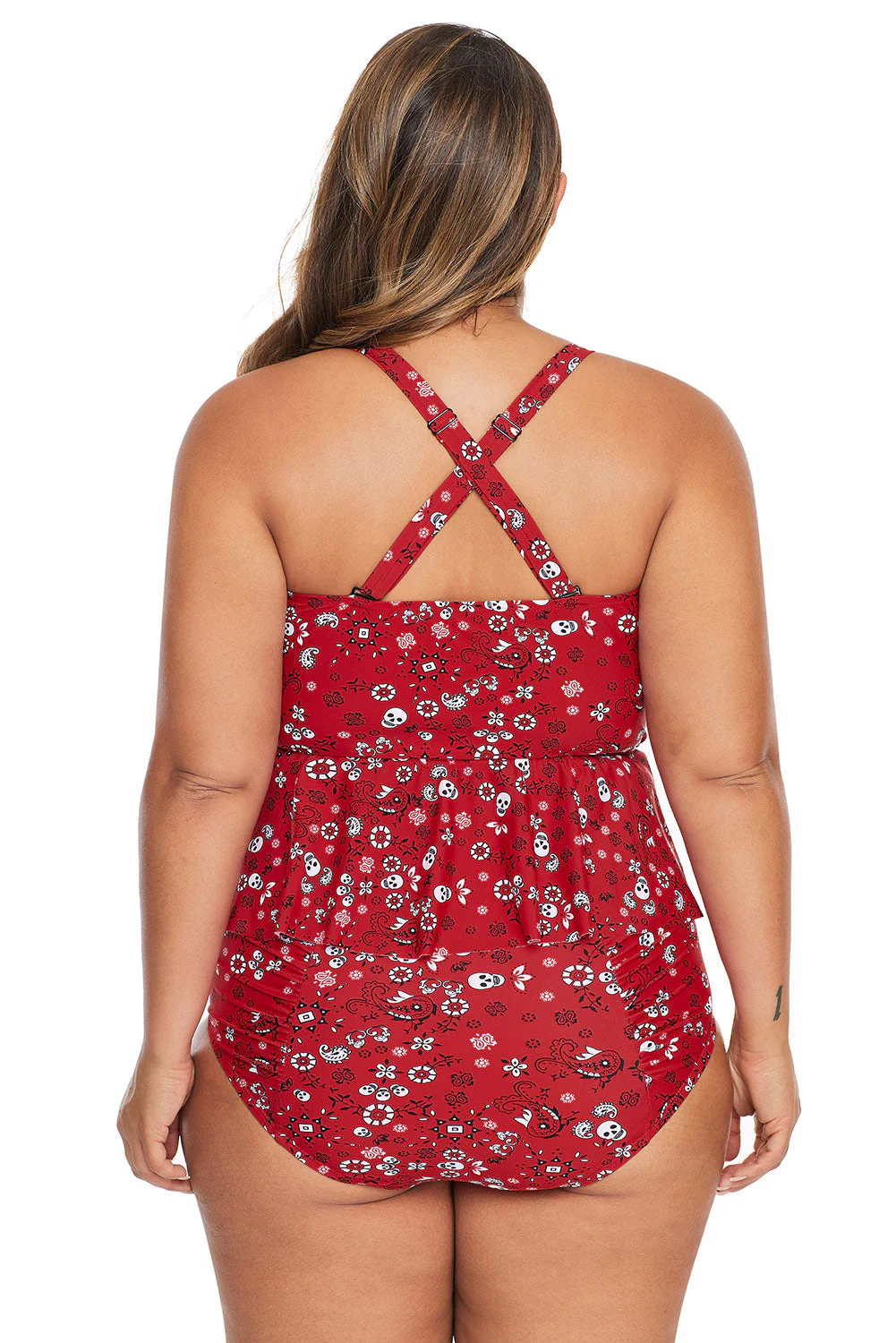 Fiery Red Print Molded Cup Peplum Plus Size Bikini - Image 9