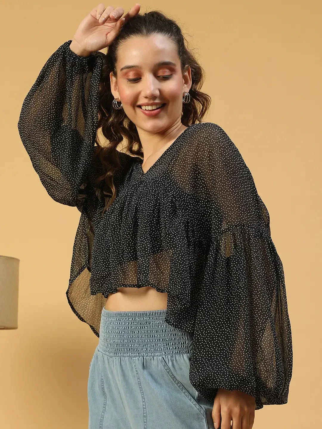 Fine Black Polka Dot Print With Long Extended Baggy Sleeve Women Chiffon Top - Image 3