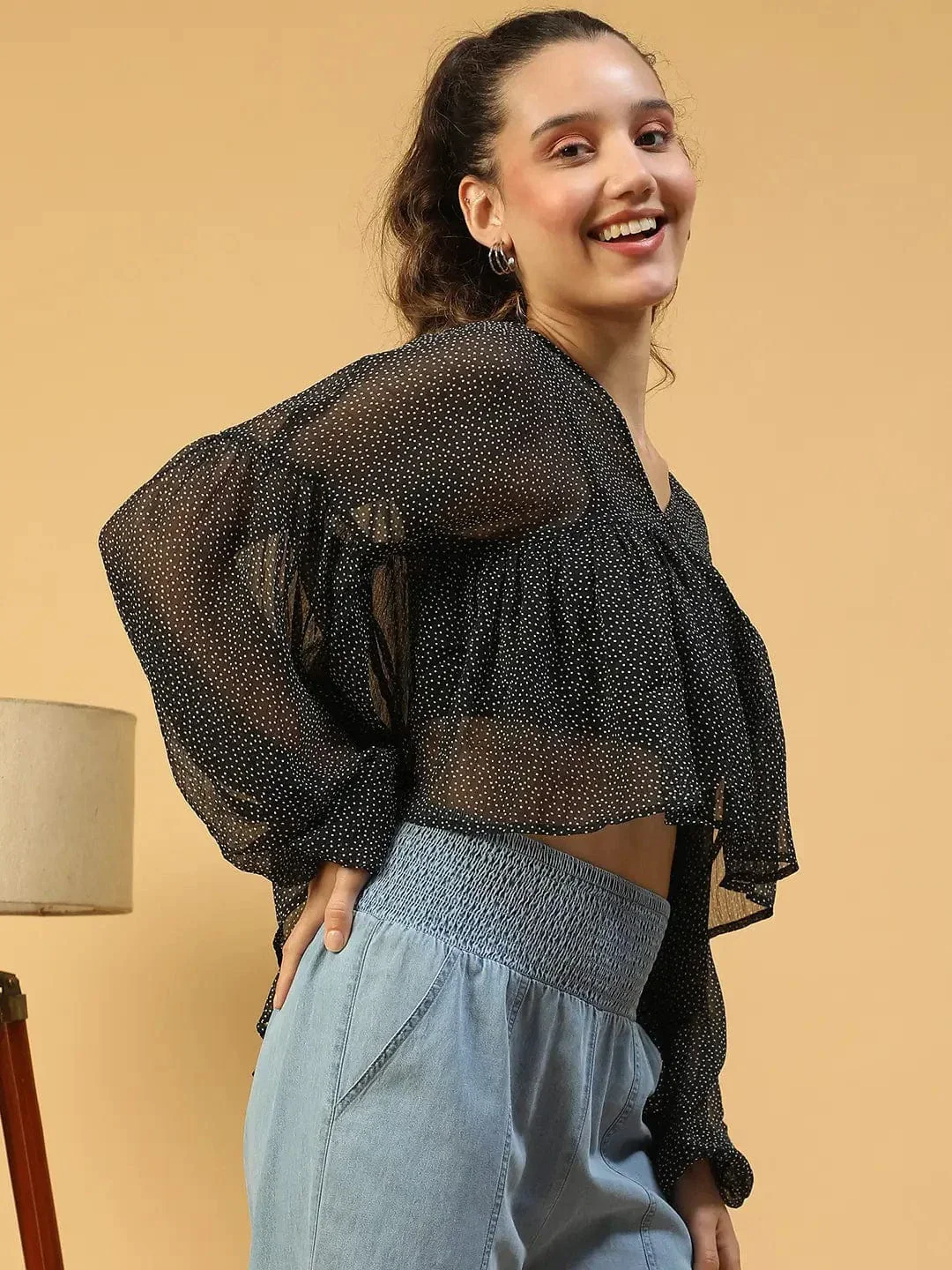 Fine Black Polka Dot Print With Long Extended Baggy Sleeve Women Chiffon Top - Image 4