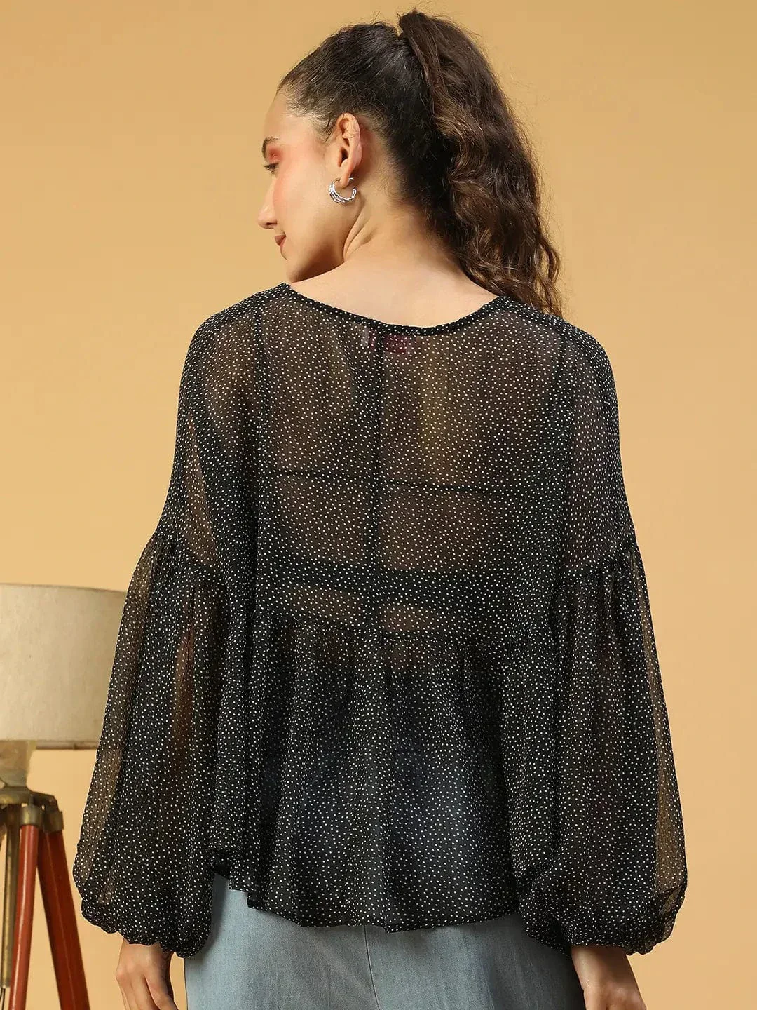 Fine Black Polka Dot Print With Long Extended Baggy Sleeve Women Chiffon Top - Image 5