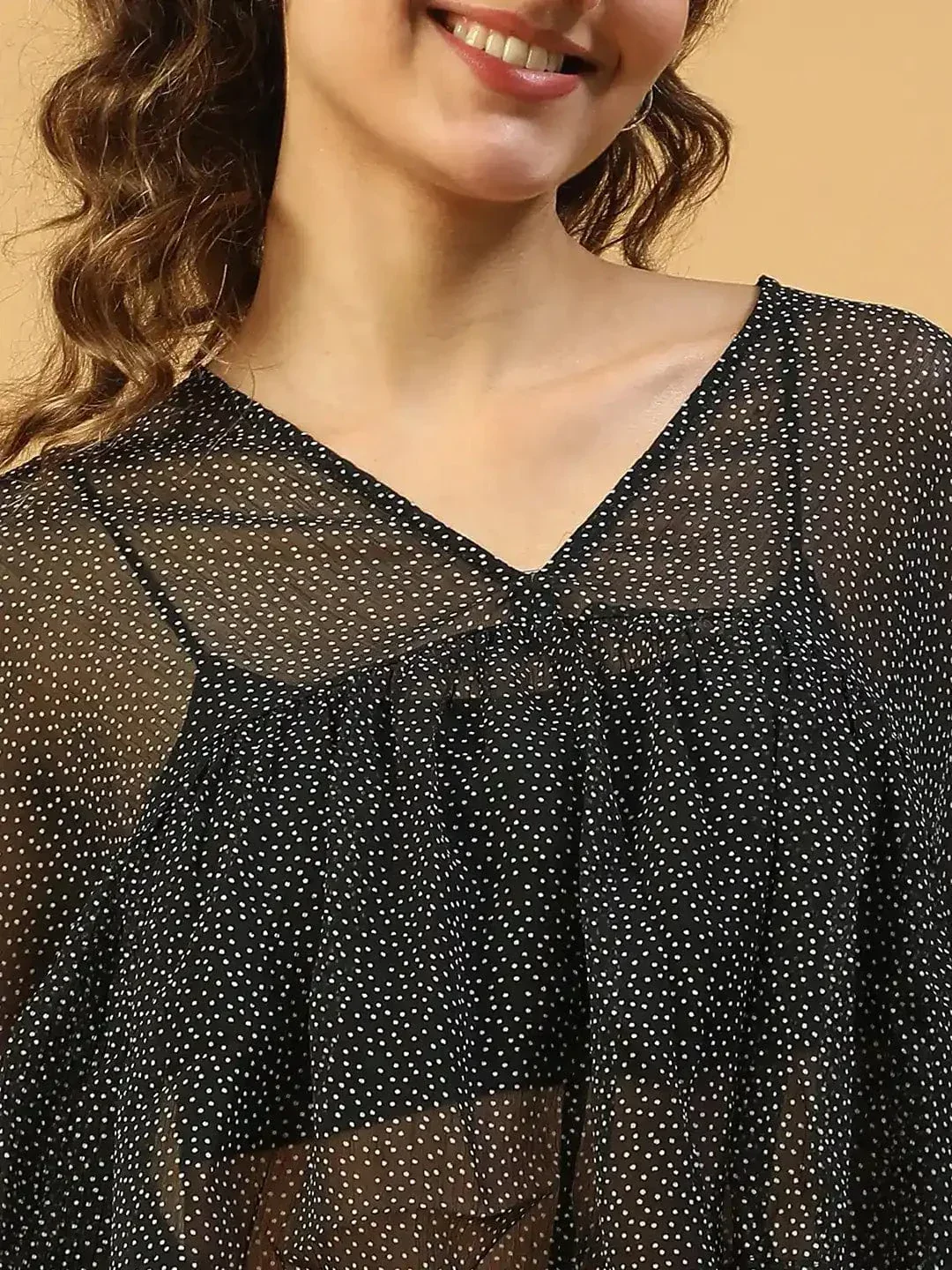 Fine Black Polka Dot Print With Long Extended Baggy Sleeve Women Chiffon Top - Image 6