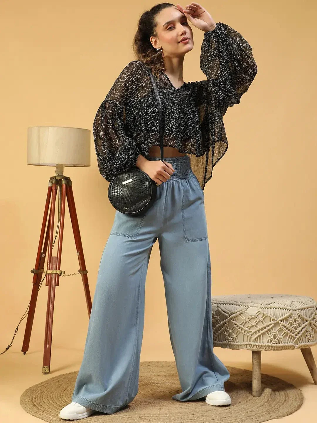Fine Black Polka Dot Print With Long Extended Baggy Sleeve Women Chiffon Top - Image 7