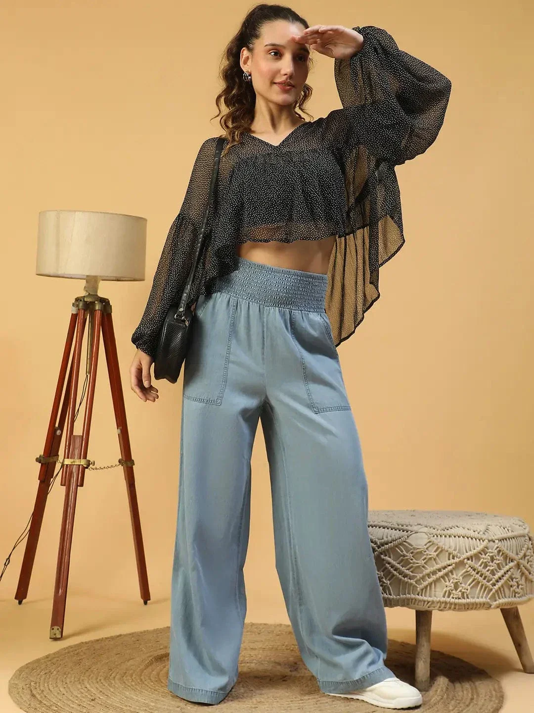 Fine Black Polka Dot Print With Long Extended Baggy Sleeve Women Chiffon Top - Image 8