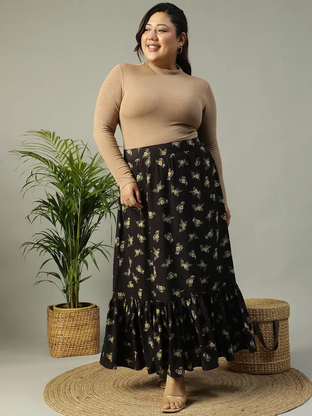 First Black Floral Print Elasticated Frill Detailed Long Flare Plus Size Skirt - Image 2