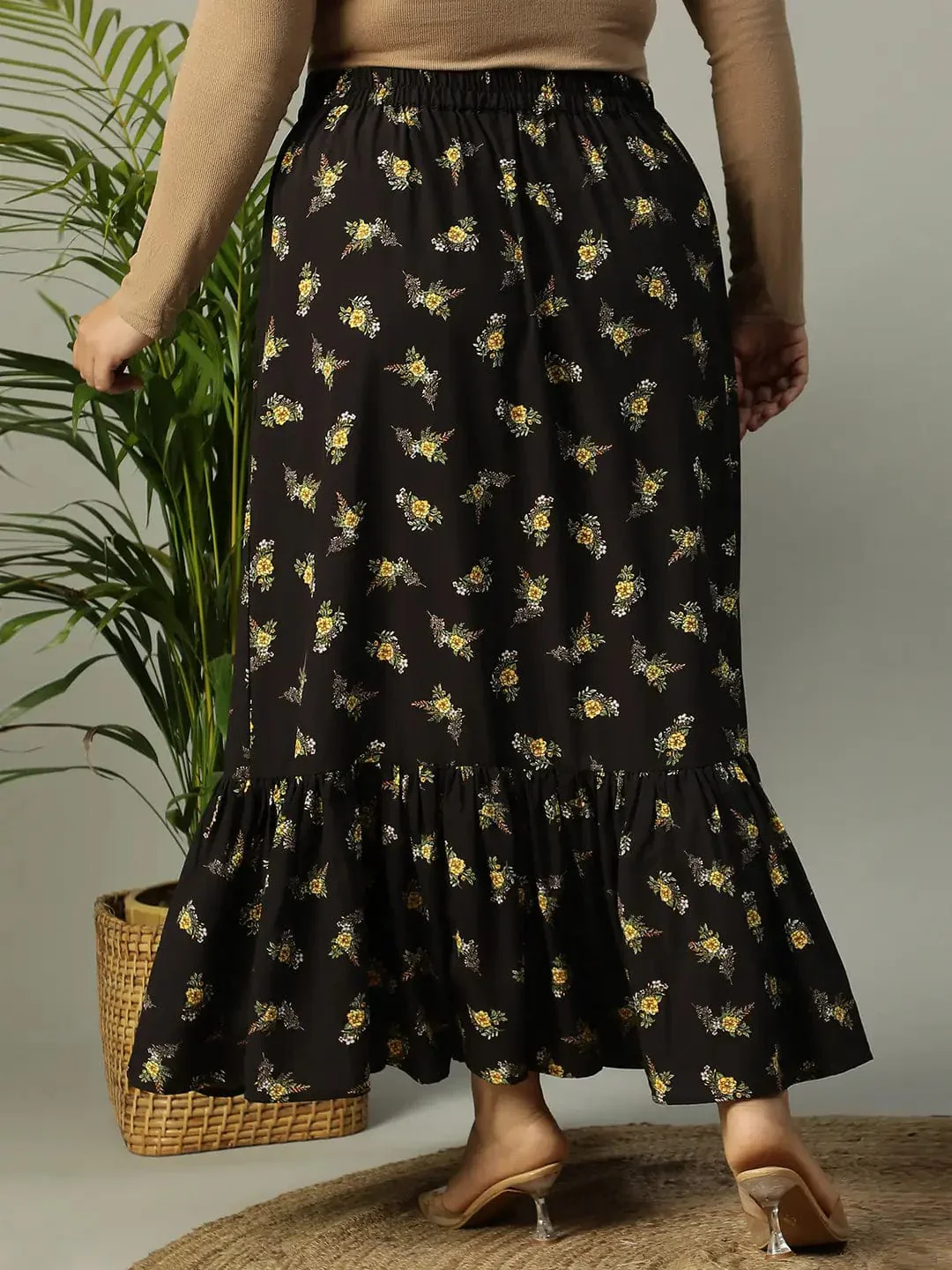 First Black Floral Print Elasticated Frill Detailed Long Flare Plus Size Skirt - Image 5