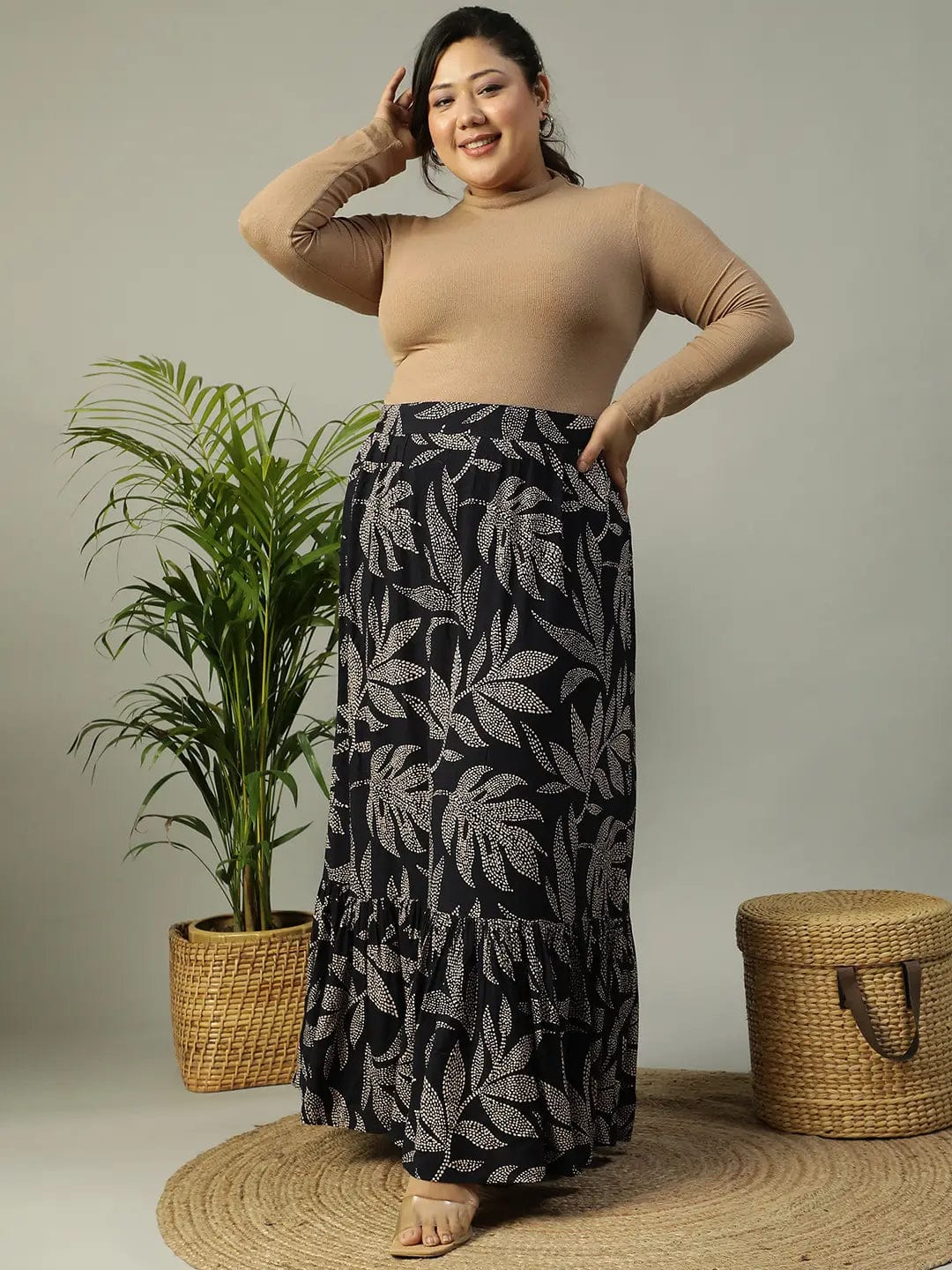 First Black Tropical rayon Print Elasticated Frill Detailed Long Flare Plus Size Skirt - Image 2