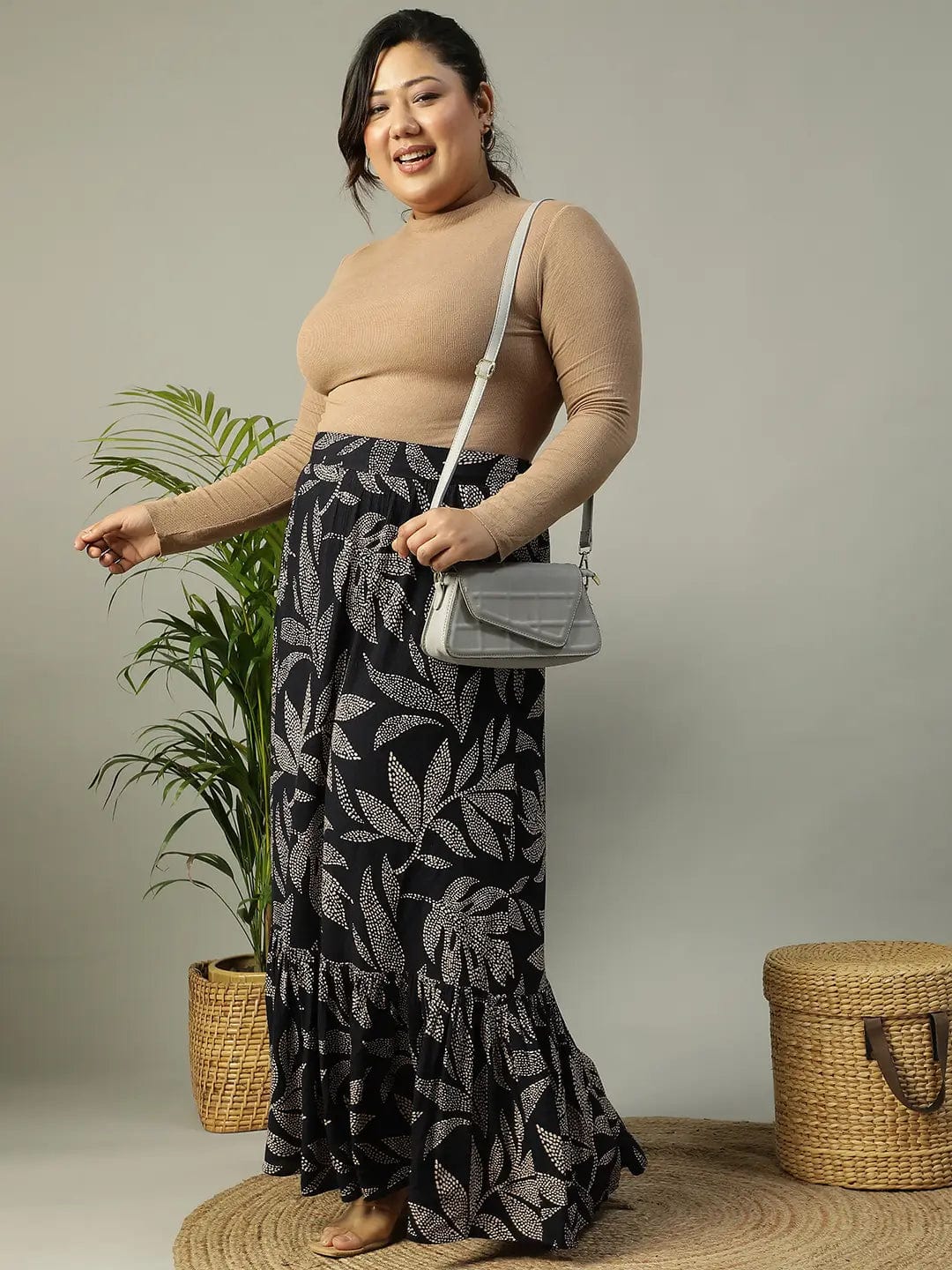 First Black Tropical rayon Print Elasticated Frill Detailed Long Flare Plus Size Skirt - Image 8