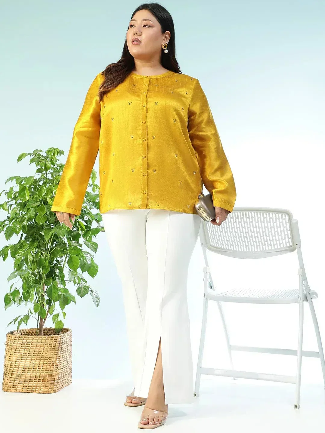 Fitspo Solid Mustard Long Sleeve Embelished Detail Button Down Plus Size Women Silk Shirt - Image 8
