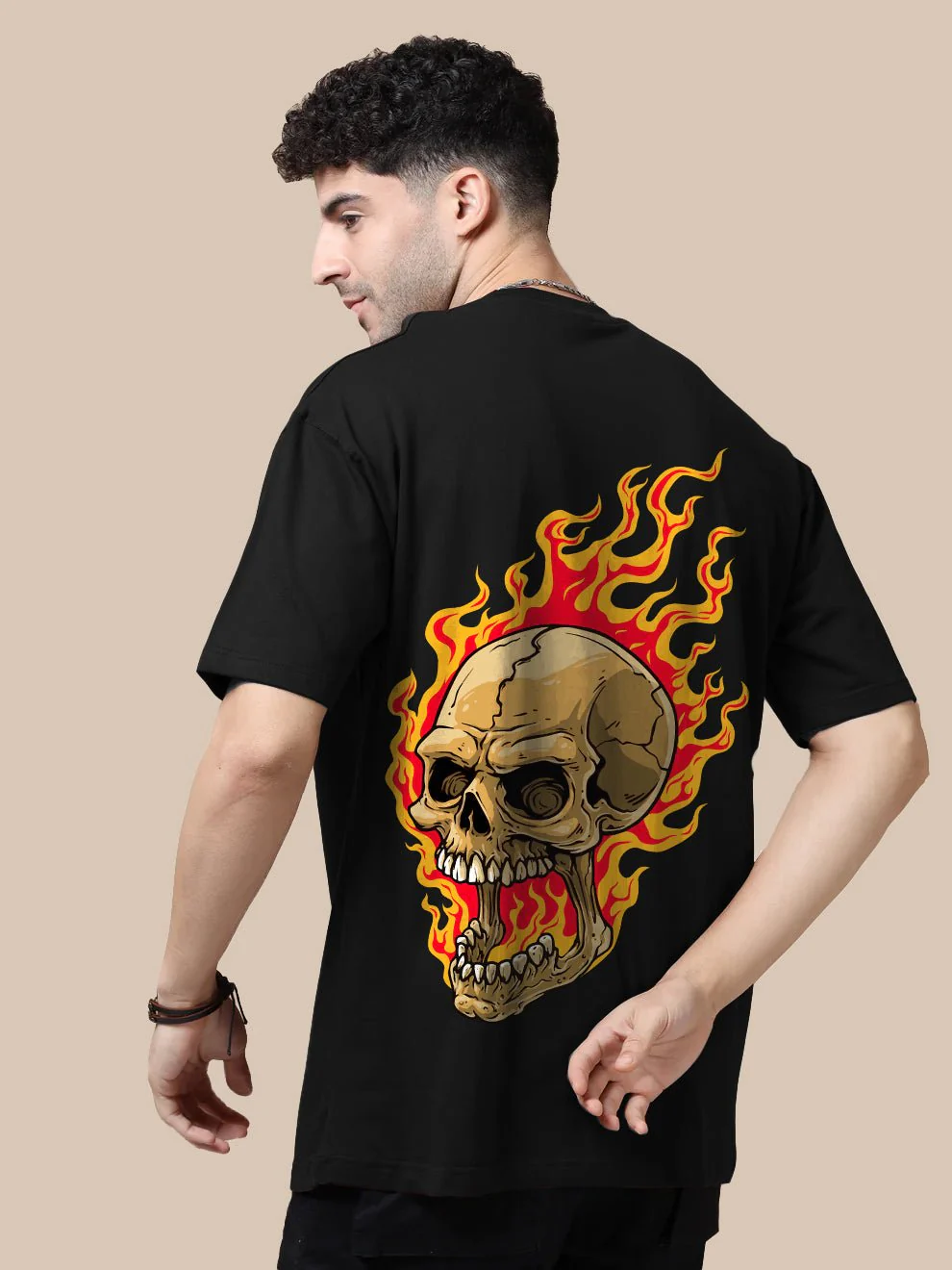 Flaming Skull Black Oversize T-Shirt - Image 2