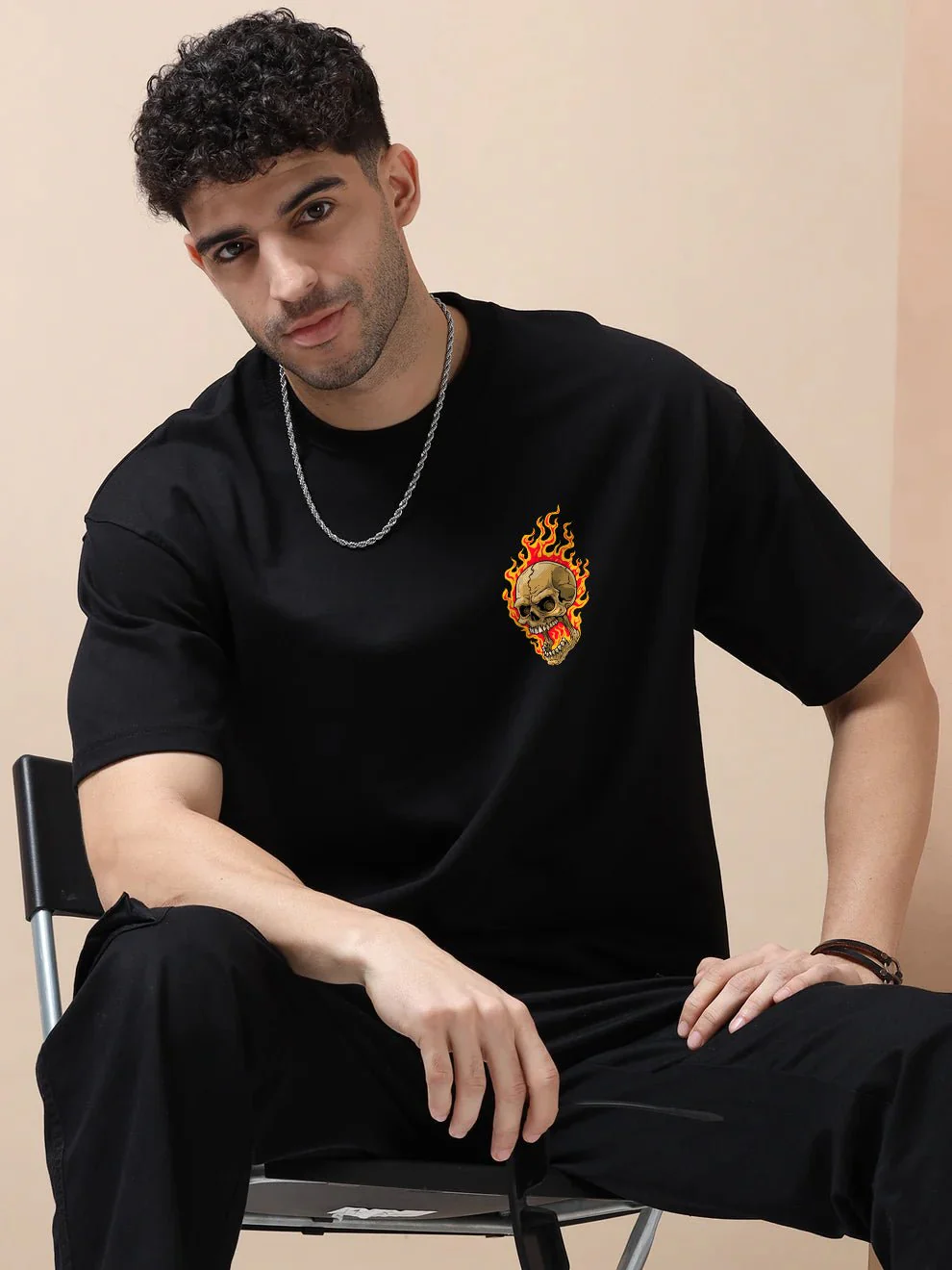 Flaming Skull Black Oversize T-Shirt - Image 5