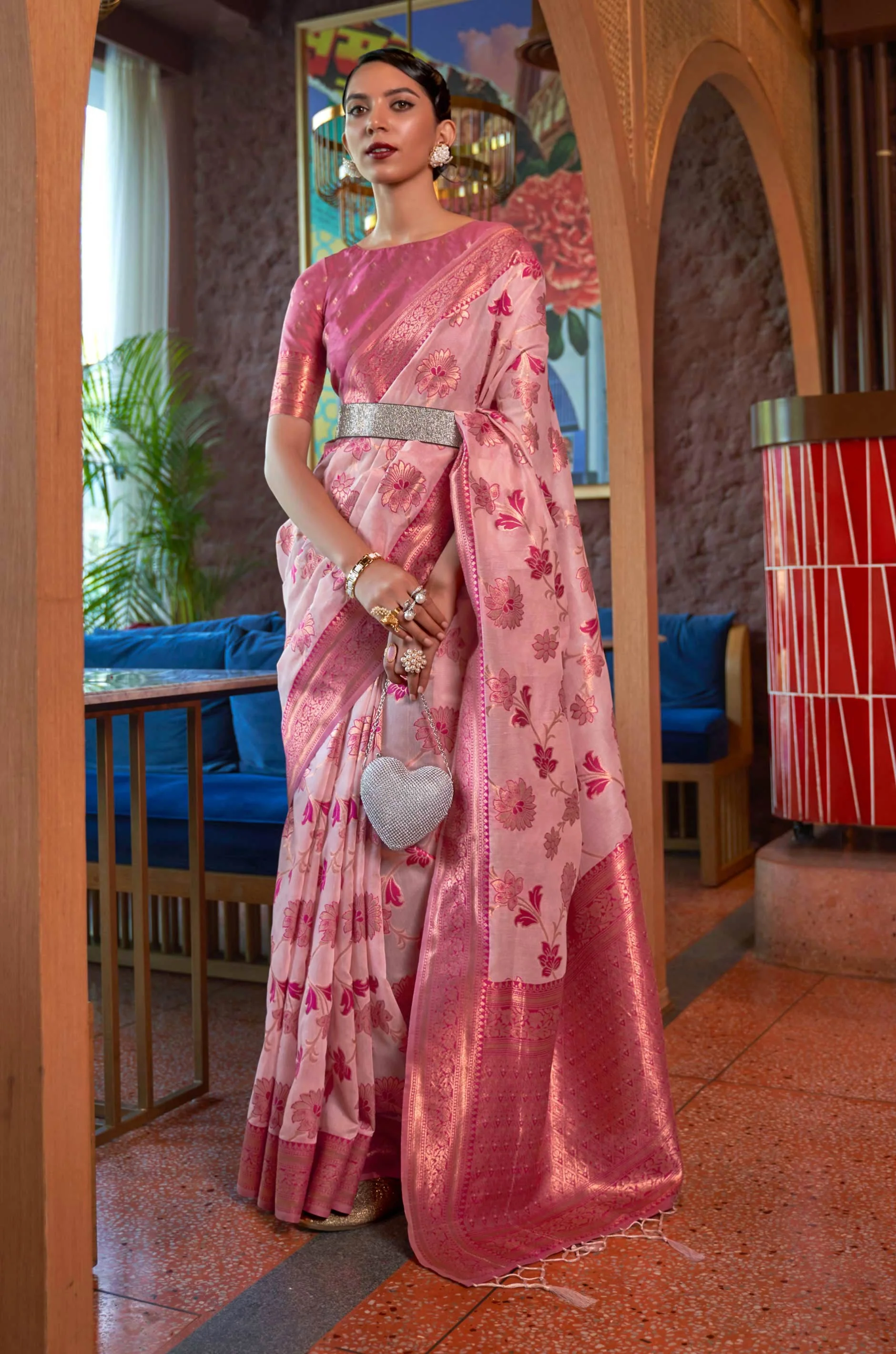 Flamingo Pink Floral Woven Organza Silk Saree