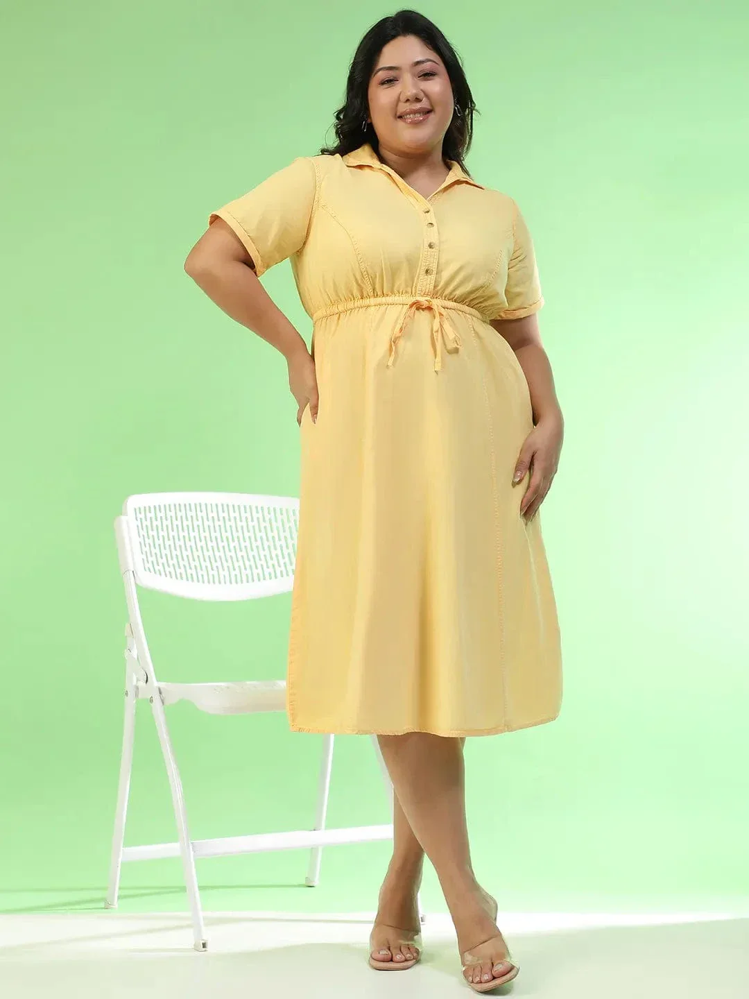 Flawless Yellow Collared Short Sleeve Elasticated Tie-Up Detail Button Down Plus Size Women Cotton Dress - Image 2