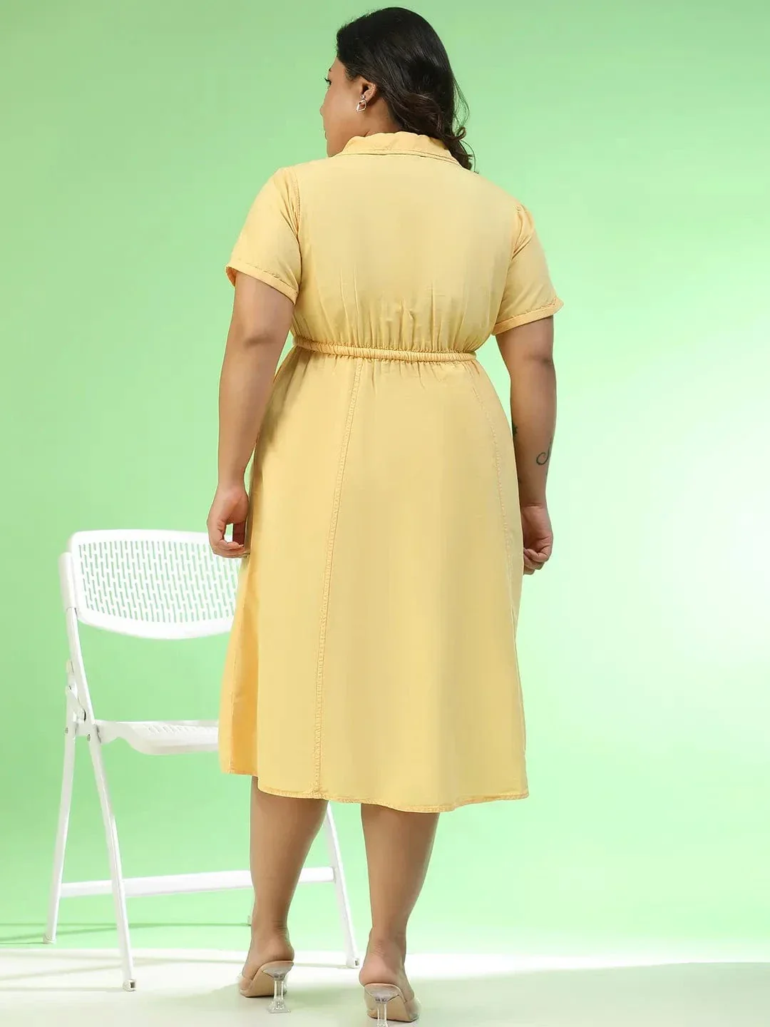 Flawless Yellow Collared Short Sleeve Elasticated Tie-Up Detail Button Down Plus Size Women Cotton Dress - Image 5