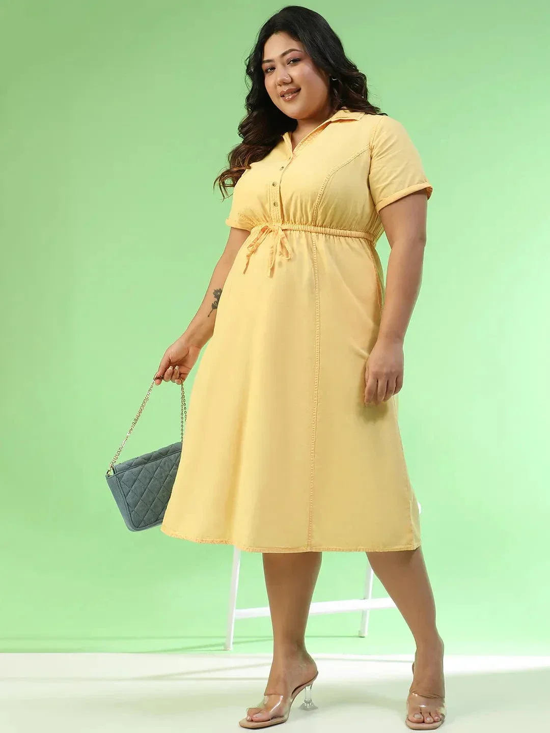Flawless Yellow Collared Short Sleeve Elasticated Tie-Up Detail Button Down Plus Size Women Cotton Dress - Image 8