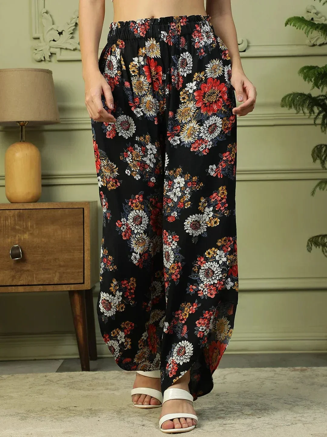 Flazy Black Floral Print Elasticated Flared High Low style Women Long Pant