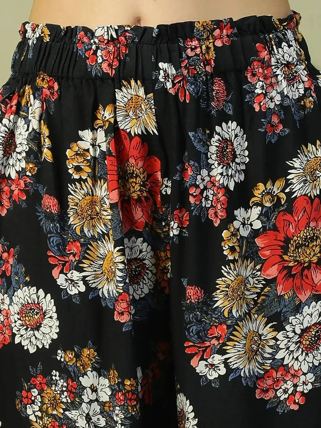 Flazy Black Floral Print Elasticated Flared High Low style Women Long Pant - Image 6