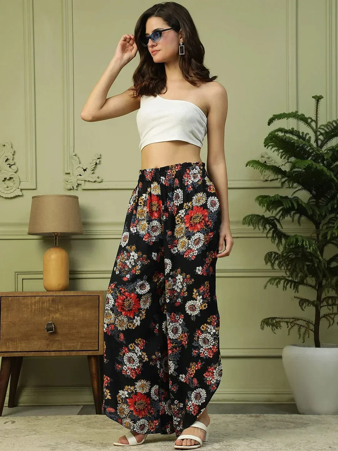 Flazy Black Floral Print Elasticated Flared High Low style Women Long Pant - Image 8
