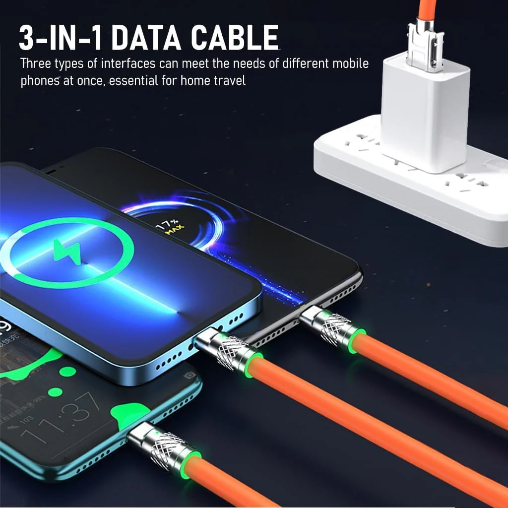 Flex: 120W 3-in-1 Liquid Silicone Tangle-Free Fast Charging Cable with Type-C, Micro-USB & Lightning Connectors - Image 2