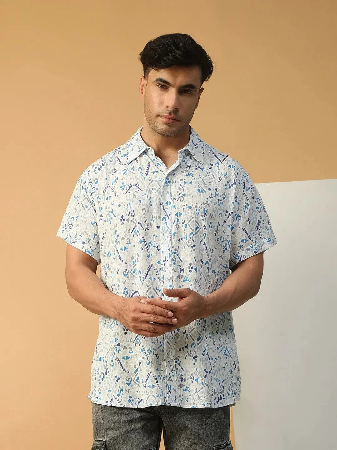 Flexer Abstract Print Multicolor Collared Short Sleeve Men Oversized Shirt - Image 3