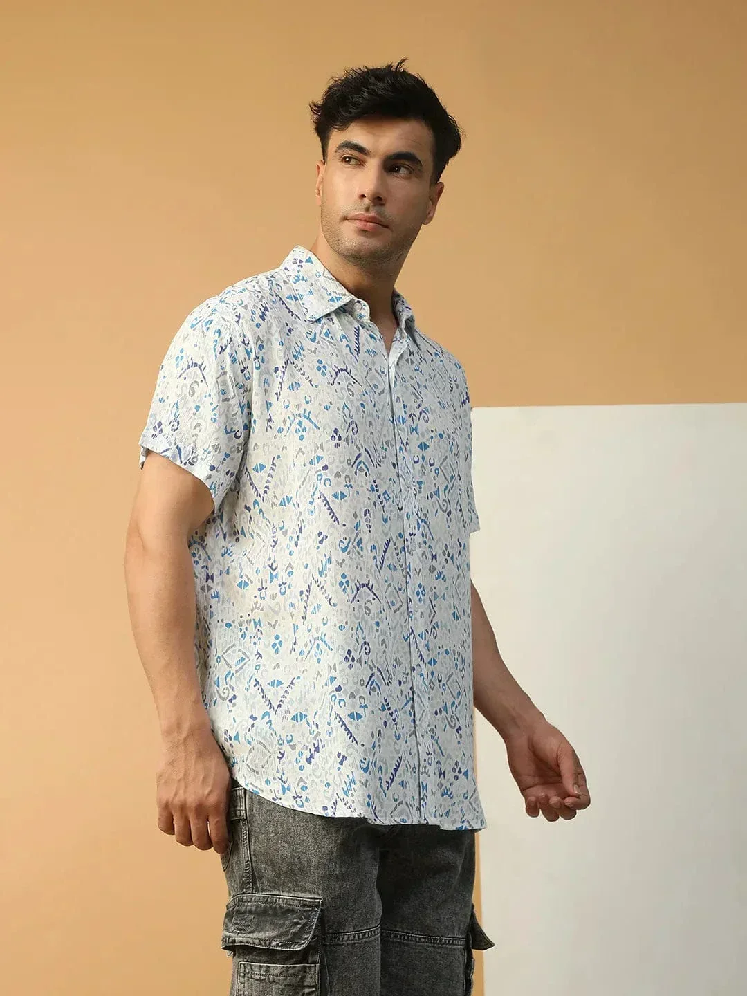 Flexer Abstract Print Multicolor Collared Short Sleeve Men Oversized Shirt - Image 5