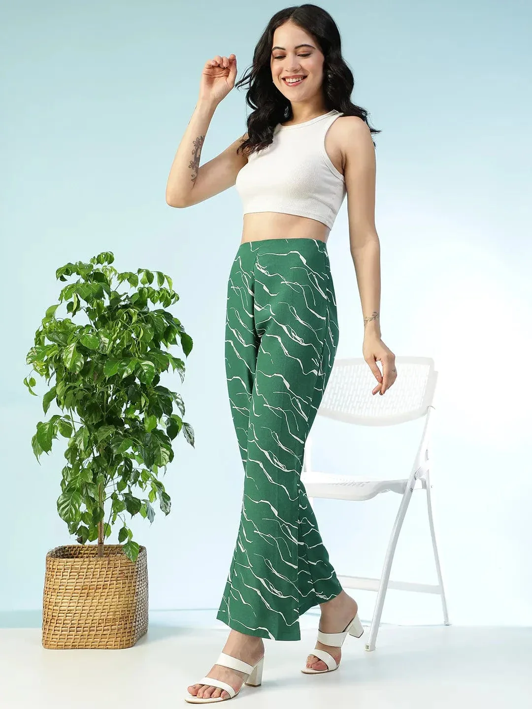 Flexette Green Abstract Print Elastiacted Women Flare Pant - Image 2