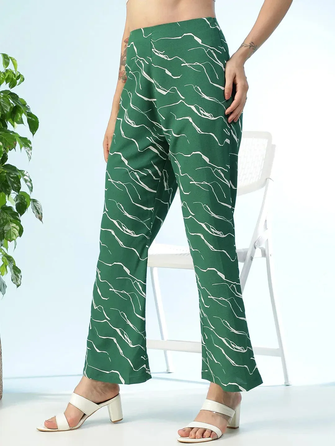 Flexette Green Abstract Print Elastiacted Women Flare Pant - Image 3