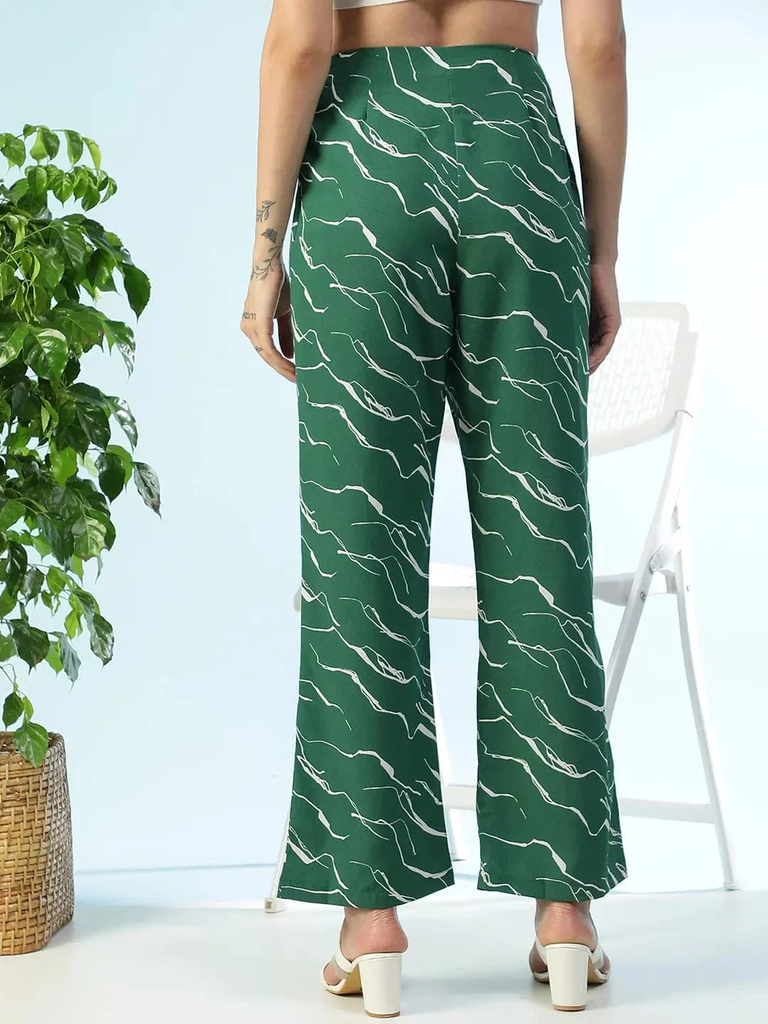 Flexette Green Abstract Print Elastiacted Women Flare Pant - Image 5