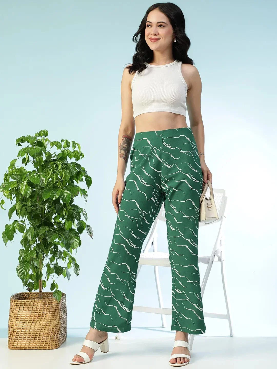 Flexette Green Abstract Print Elastiacted Women Flare Pant - Image 8