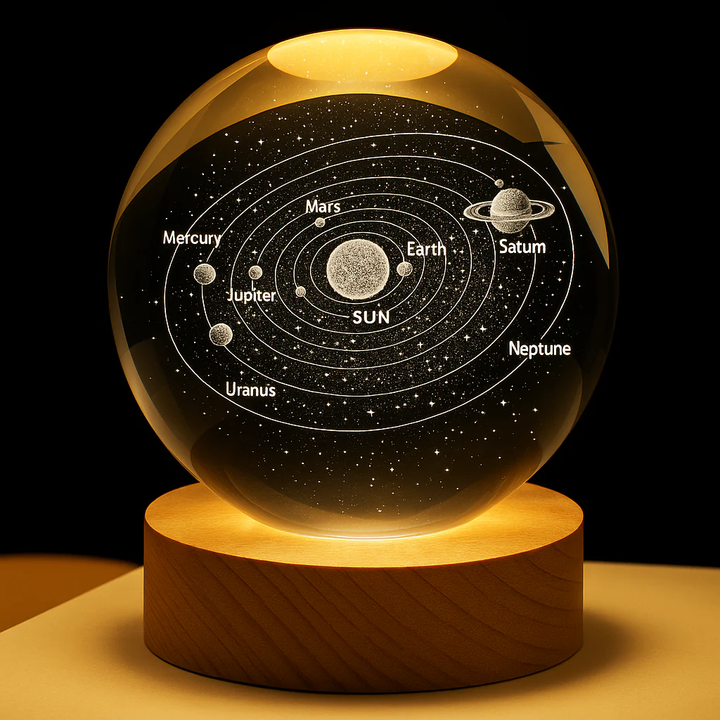 FLIXX 3D Crystal Ball Night Lamp | Warm LED Glow | USB Powered | Engraved K9 Crystal with Wooden Base | Romantic Gift for Bedroom, Home Décor, Anniversary & Gifting