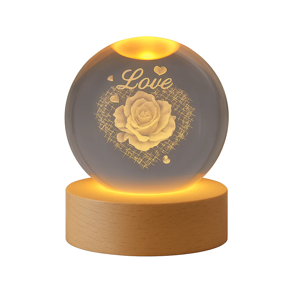 FLIXX 3D Crystal Ball Night Lamp | Warm LED Glow | USB Powered | Engraved K9 Crystal with Wooden Base | Romantic Gift for Bedroom, Home Décor, Anniversary & Gifting - Image 21