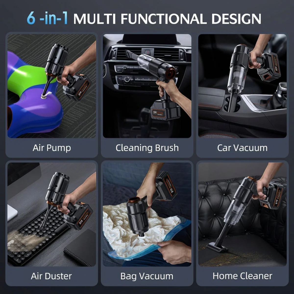 FLIXX 6-in-1 Mini Vacuum Cleaner / Air Duster / Air Blower – Brushless Motor, HEPA Filter, 48V Rechargeable Battery - Image 8