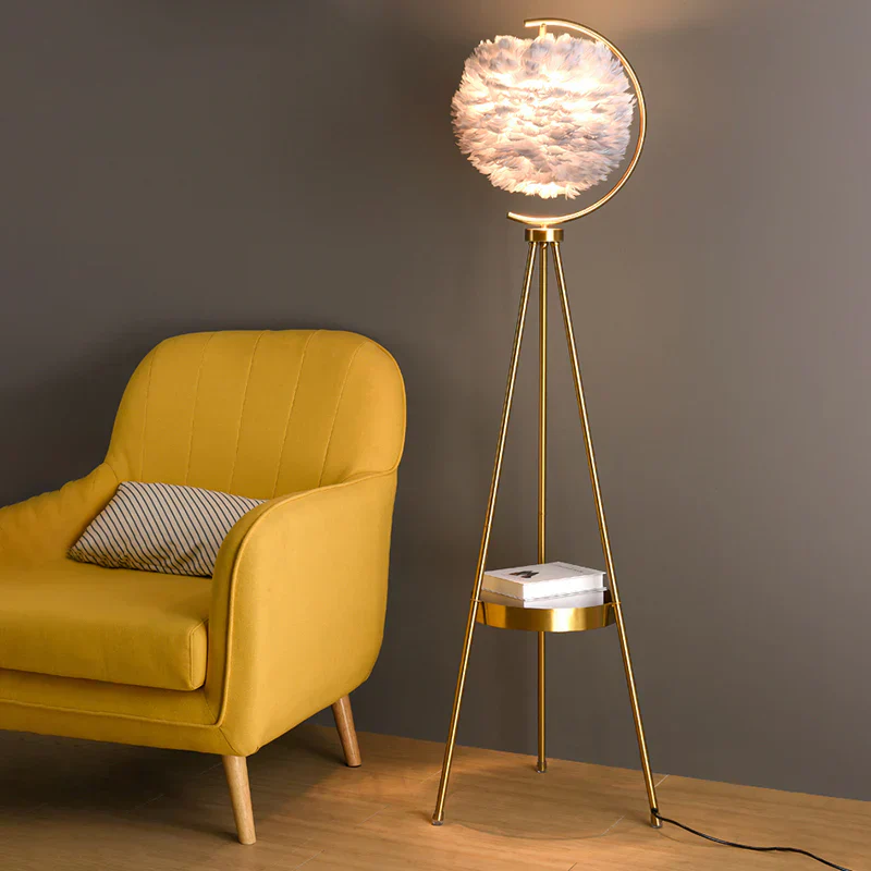 Floor Lamp Metal with Shelves Tripod with Suspended Feather Lampshade - Image 2