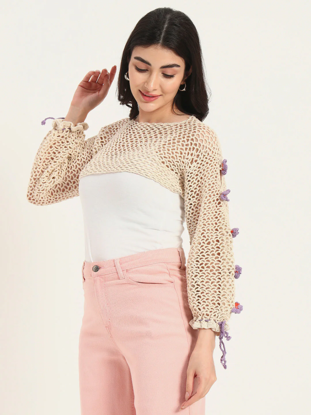 Flora H-Mesh Handmade Top - BeigePurple - Image 3