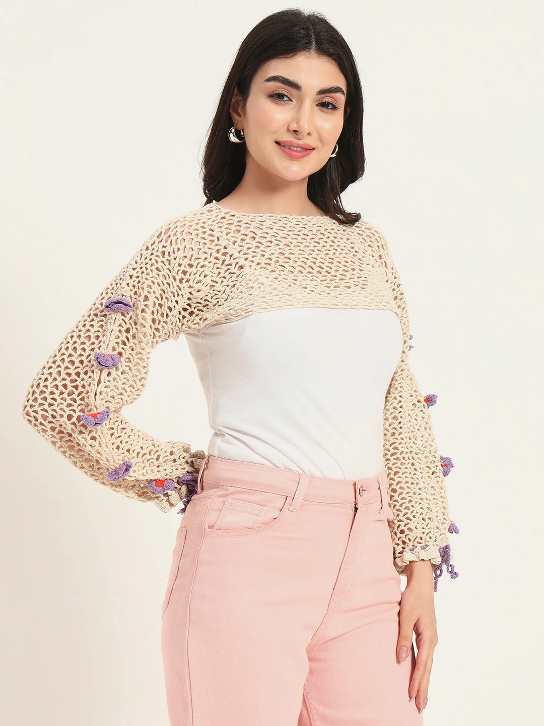 Flora H-Mesh Handmade Top - BeigePurple - Image 6