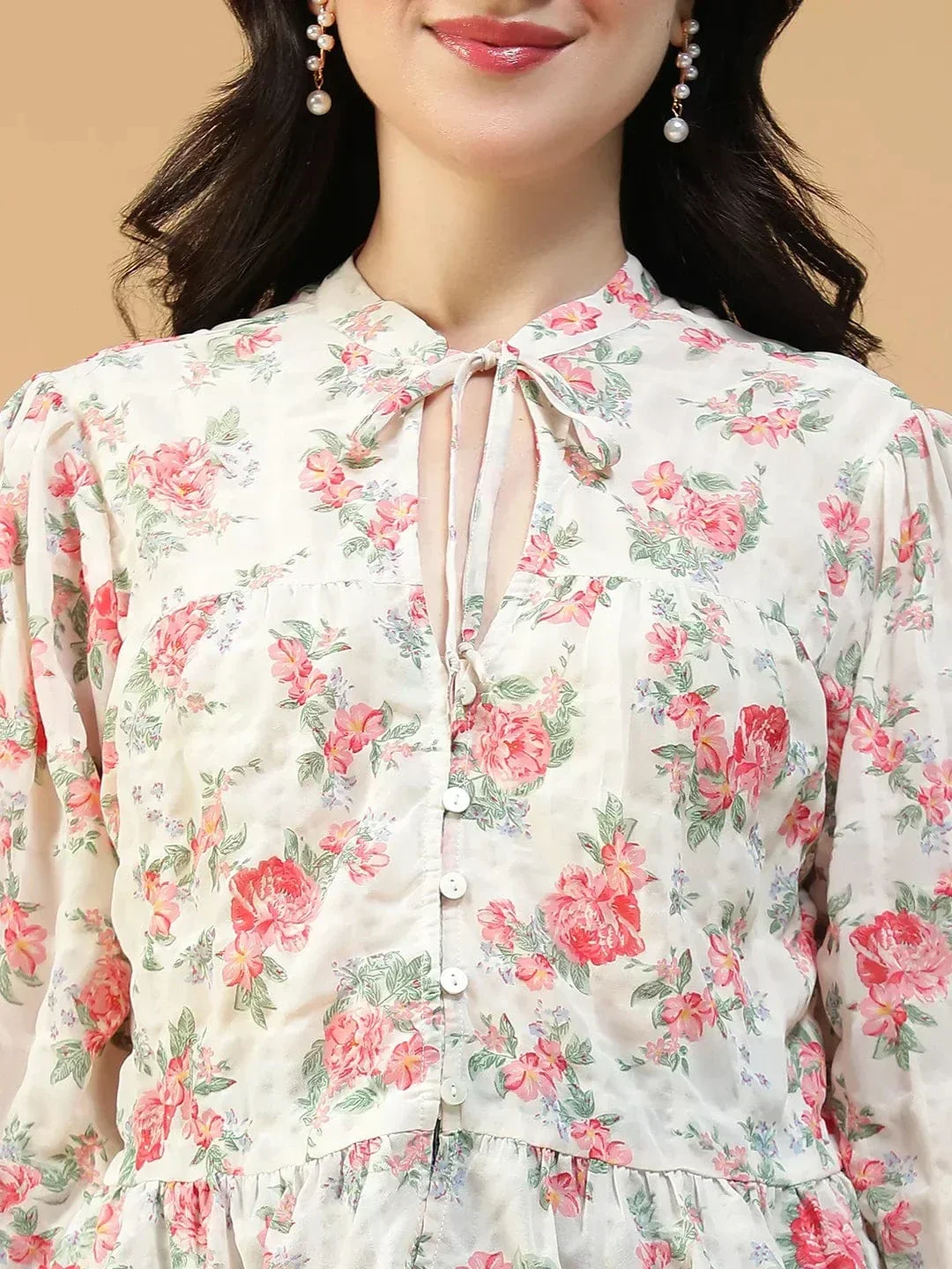 Floral Peplum Top - Women's Multicolor Print Blouse With Keyhole Neck & Tie-Up Detail - Image 6