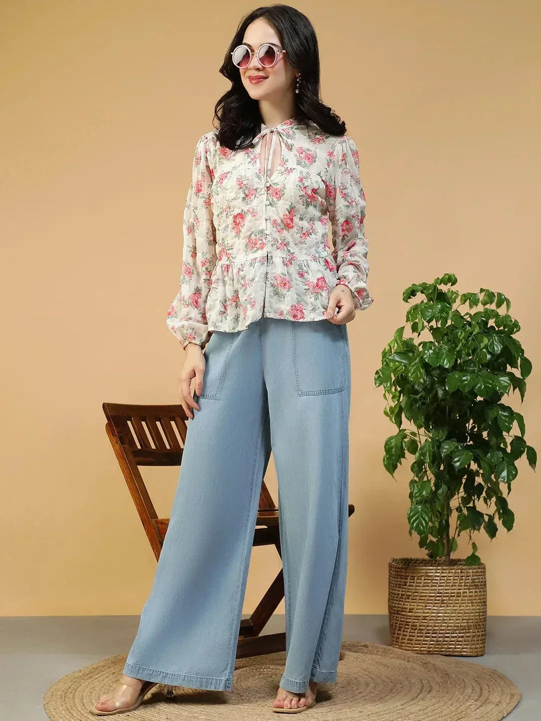Floral Peplum Top - Women's Multicolor Print Blouse With Keyhole Neck & Tie-Up Detail - Image 8