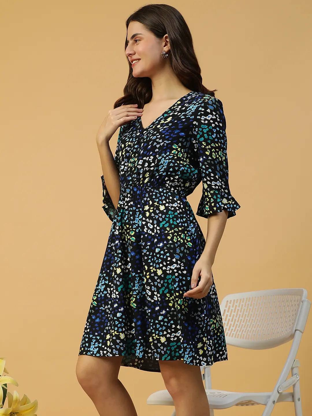 Floral Print Women Cotton Dress Blue – 3/4 Sleeve & Elegant Button Detail - Image 5
