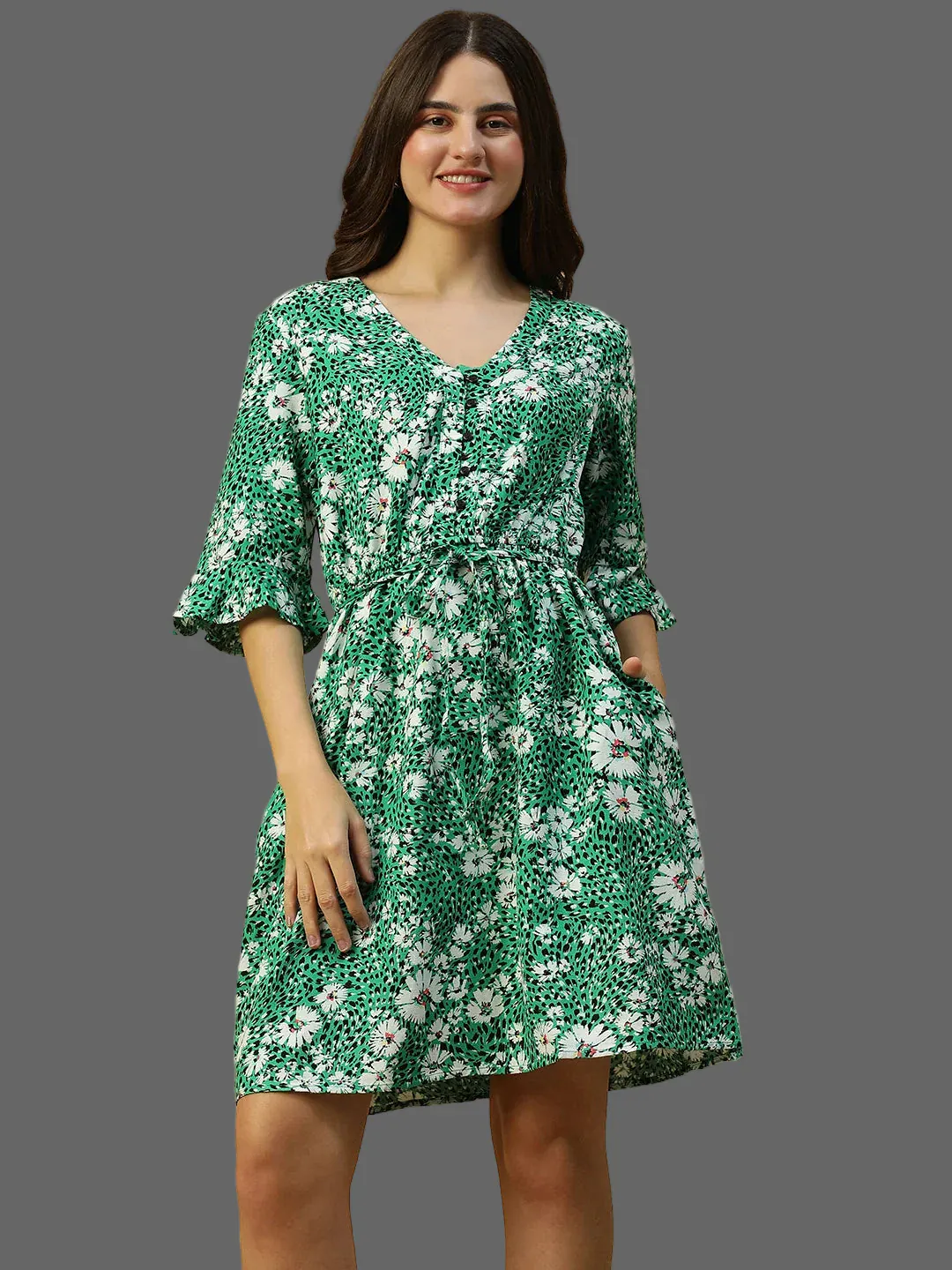 Floral Print Women Cotton Dress Green 3/4 Sleeve with Button Detail - Image 10