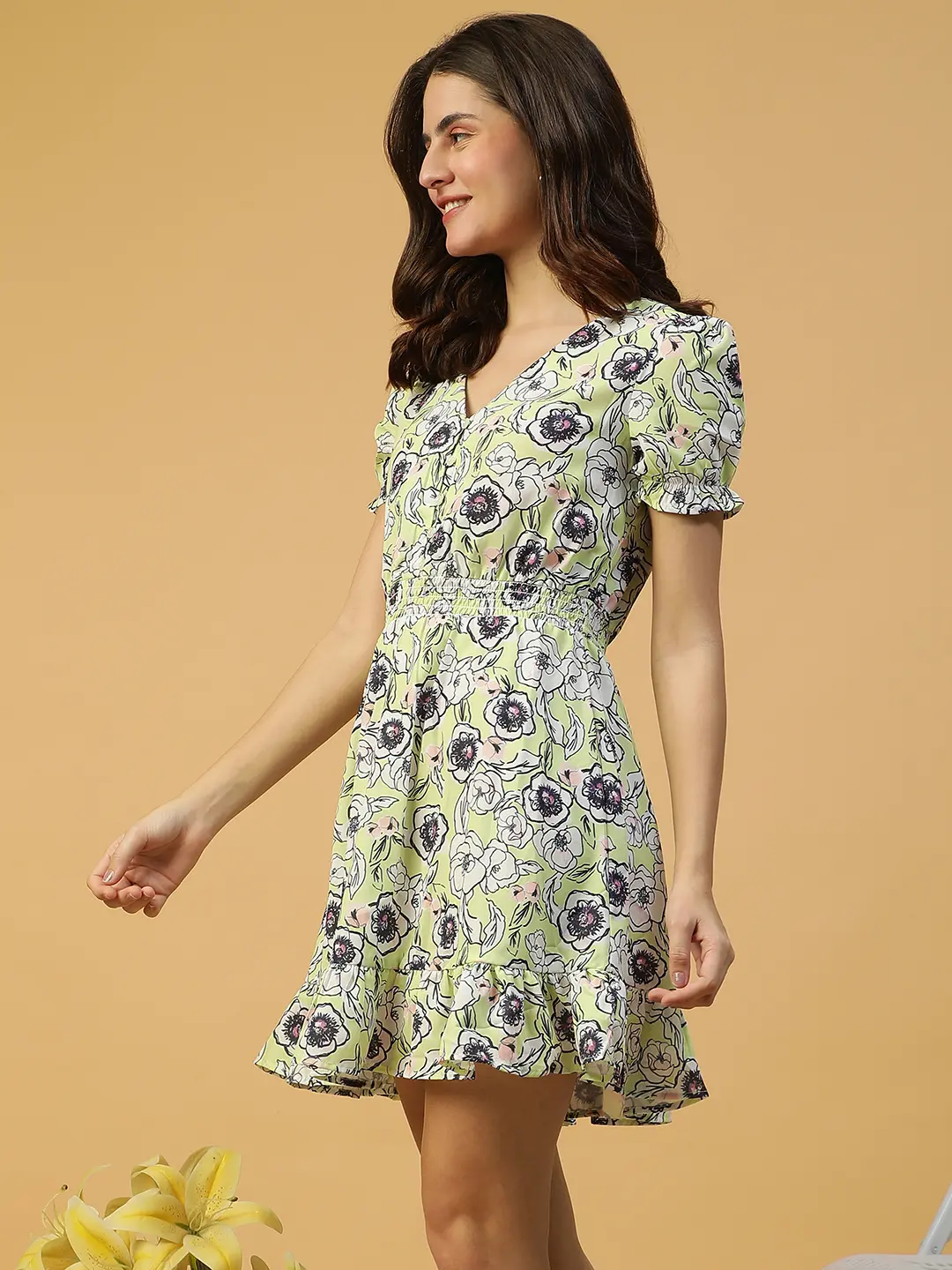 Floral Printed Short Sleeve Ruffle Women Dress - Image 4