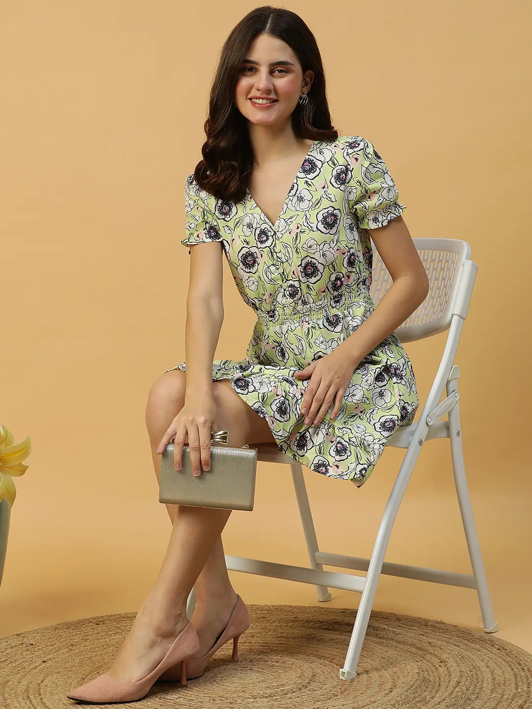 Floral Printed Short Sleeve Ruffle Women Dress - Image 5