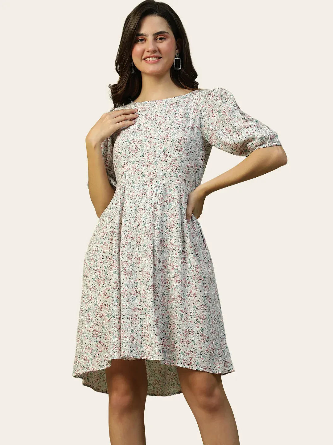 Floral White High Low Cotton Casual Dress for Women