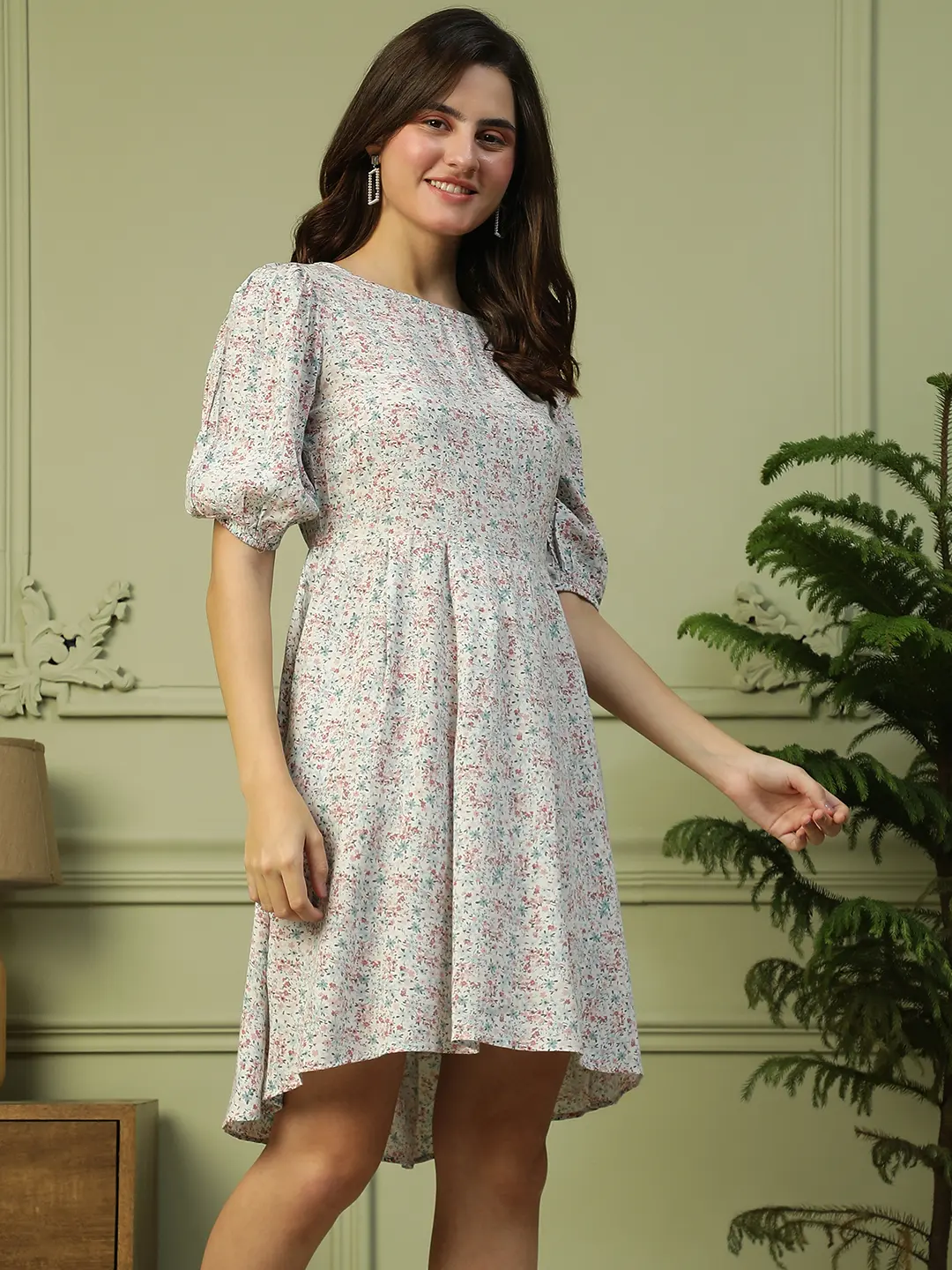 Floral White High Low Cotton Casual Dress for Women - Image 5