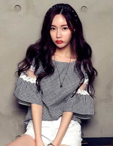 Flouncy Sleeve Chequered Top - Image 2