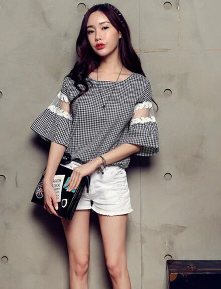Flouncy Sleeve Chequered Top - Image 4