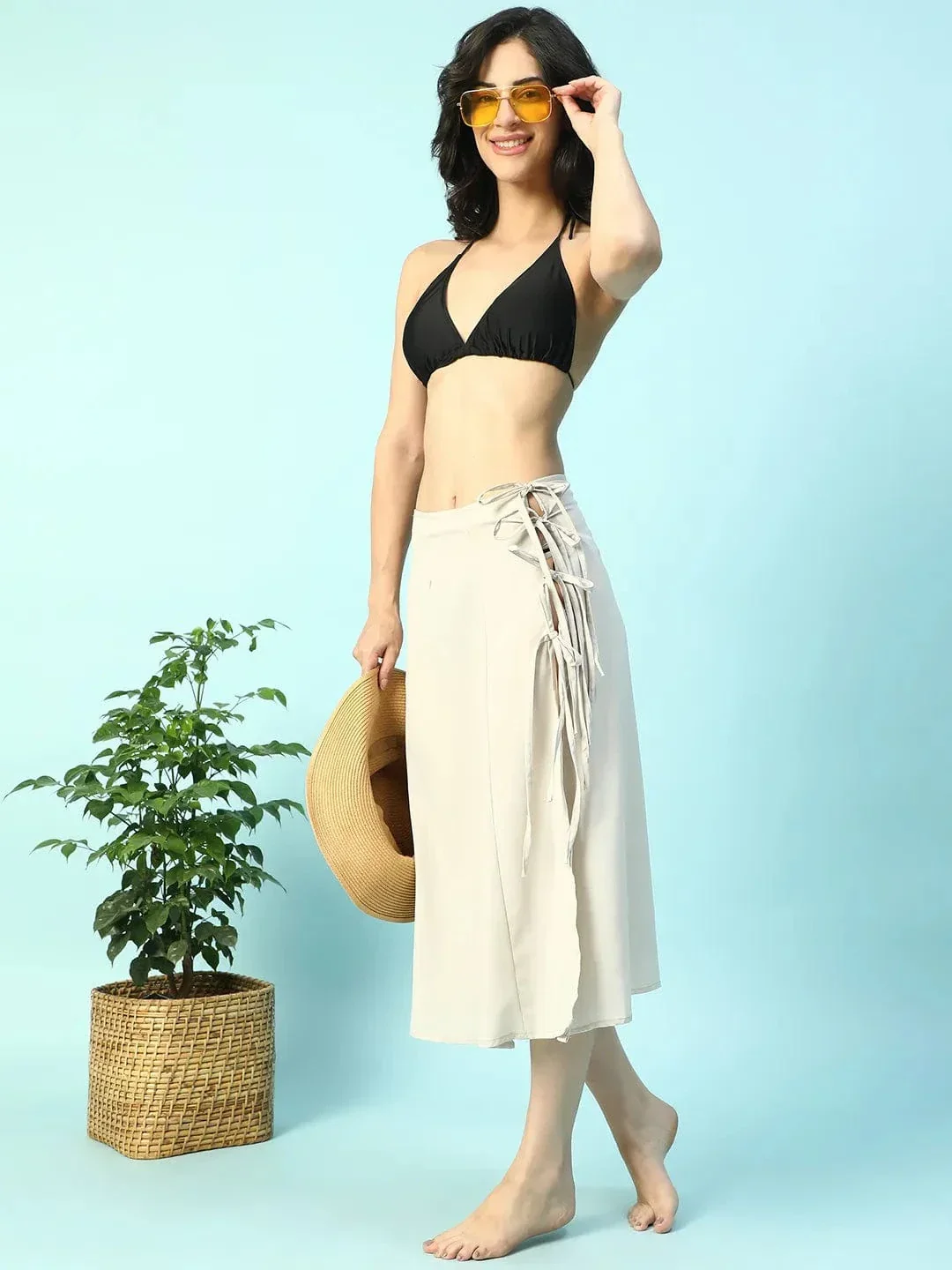 Fluid Beige Elasticated With Tie-Up String Detail Women Beachwear Skirt - Image 7