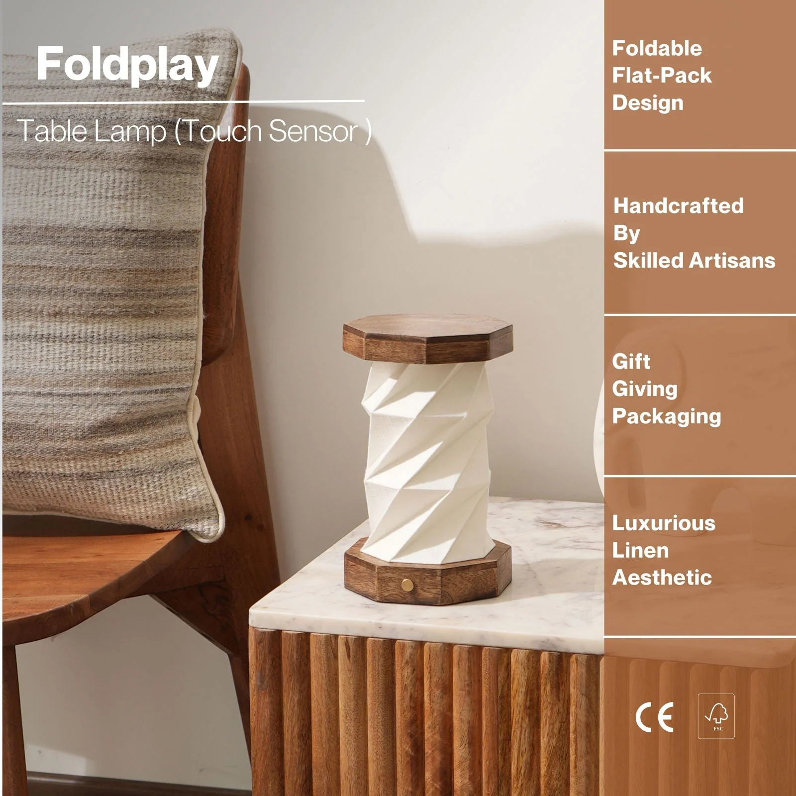 Foldplay Table Lamp - Modern Design, 100% Linen Lampshade, Mango Wood Base - Image 10