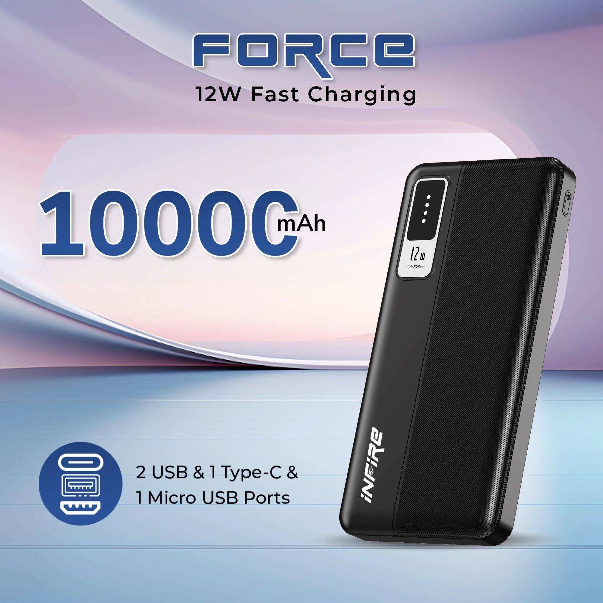 Force 10000mAh Power Bank 12W Fast Charging | Dual USB Output , 1 Micro USB Input, 1Type C Input |LED Indicator, Lightweight| Lithium Polymer Power Bank (Black) - Image 2