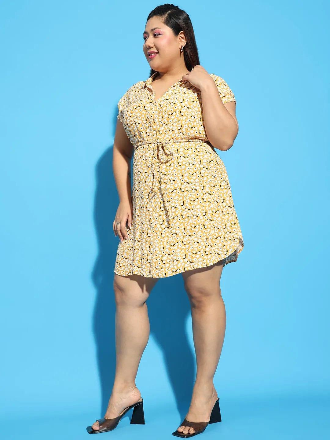 Forever Yellow Floral Print Collared Belted Button Down Plus Size Curvy Dress - Image 2