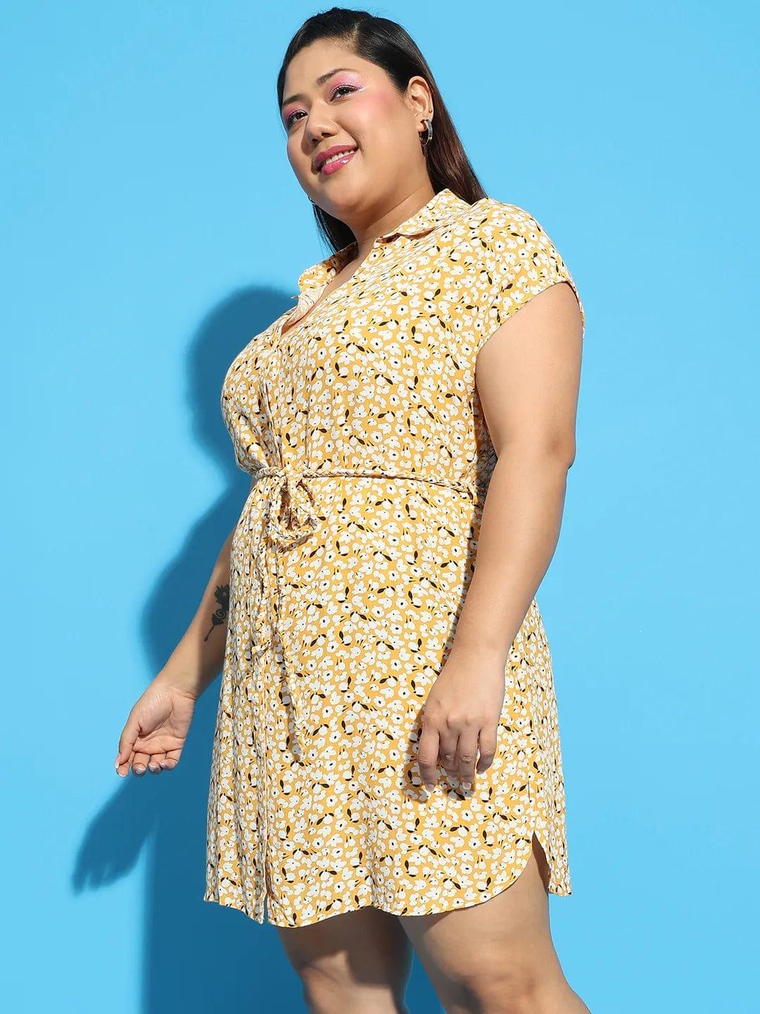 Forever Yellow Floral Print Collared Belted Button Down Plus Size Curvy Dress - Image 3