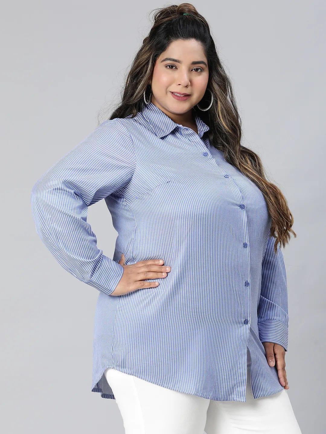 Formal Blue Stripe Print Long Sleeve Plus Size Cotton Shirt - Image 4